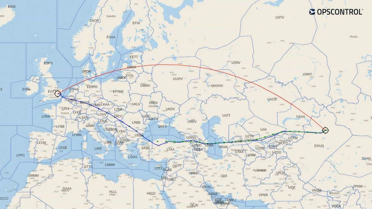 Map showing multiple flight routes across Europe and Asia, with colored tracks comparing different paths between two airports.