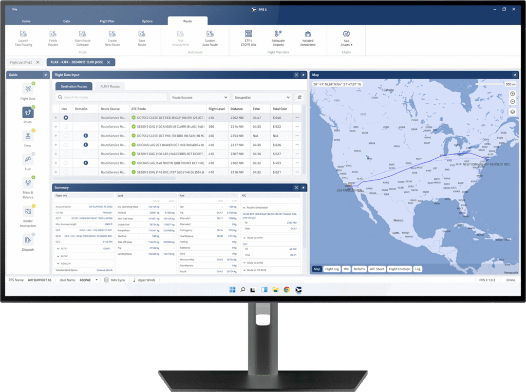 PPS X route planning screen displayed on desktop monitor, showing KLAX to KJFK flight route, map view, fuel data, and cost summary.