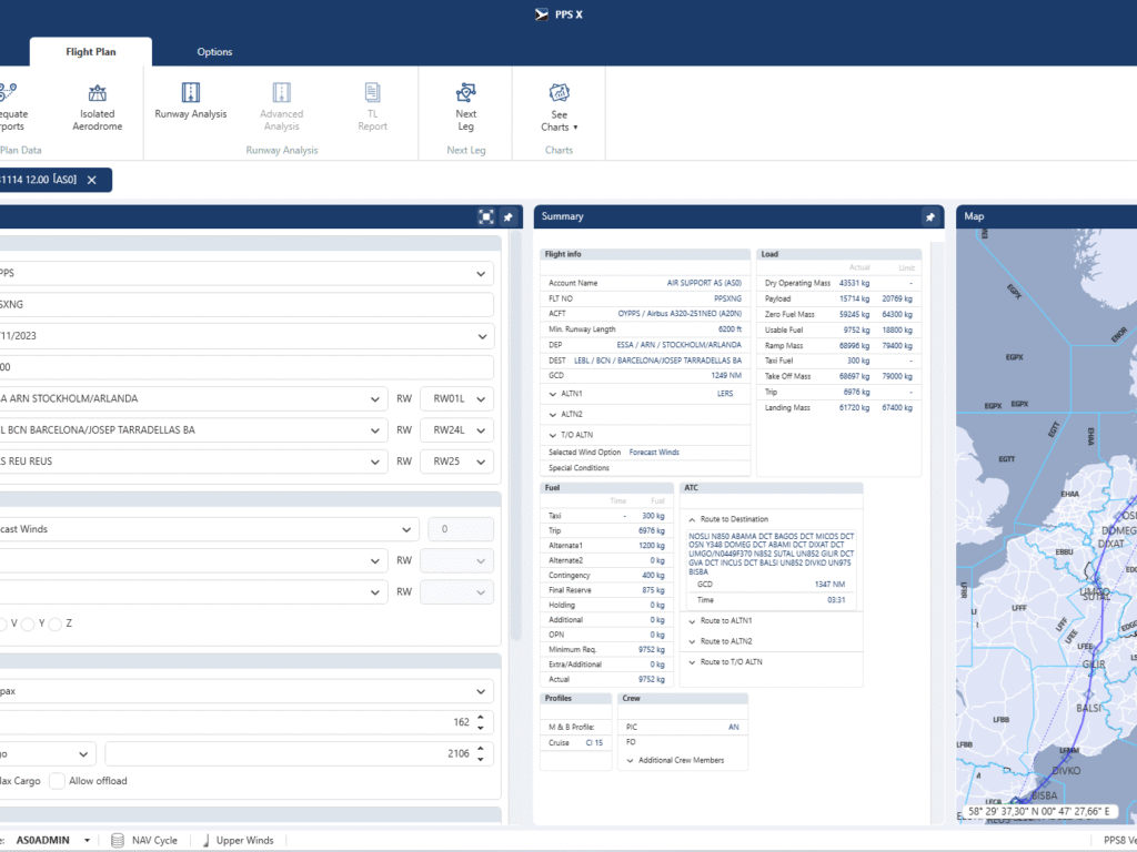 PPS X flight planning interface showing Stockholm to Barcelona route, with flight summary, fuel data, load details, and Europe map display.
