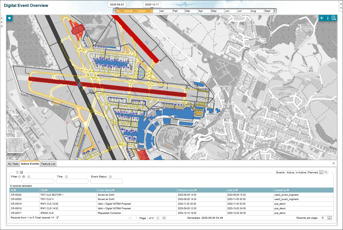 Screenshot of a digital airport map interface showing active events, runway closures, and NOTAM data, with event list and status in a table below.