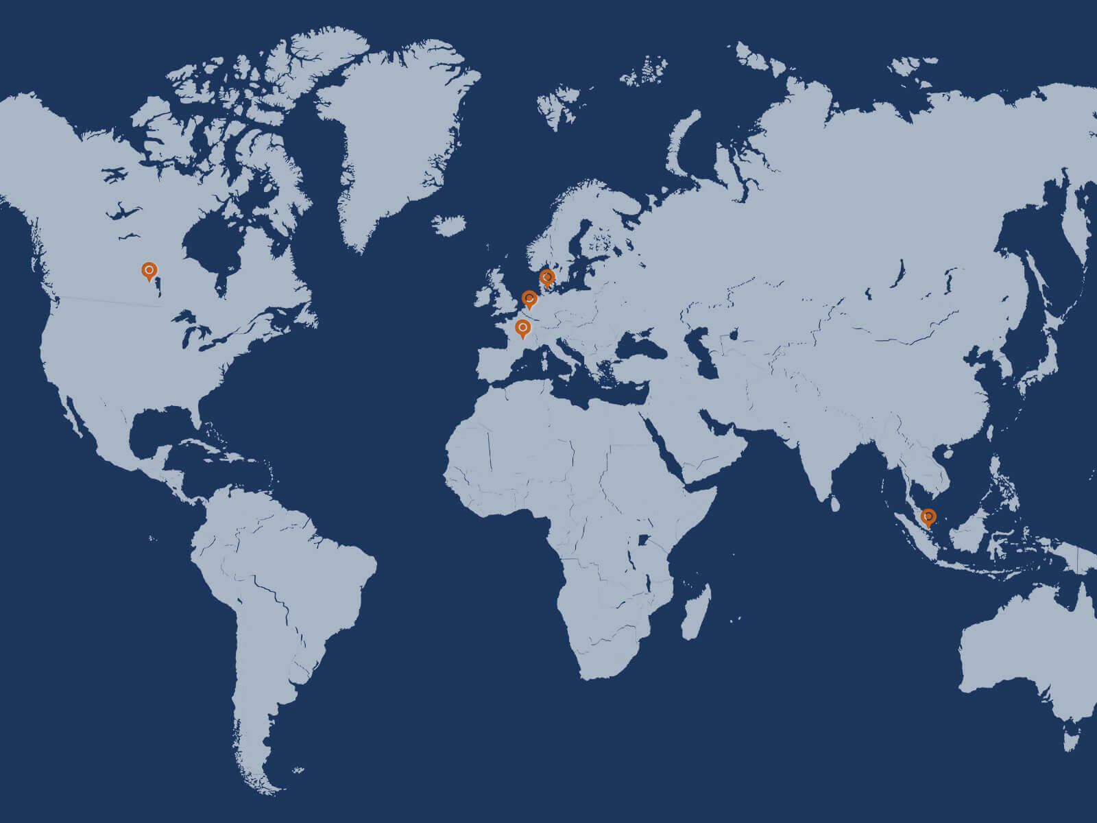 World map web banner with highlighted location markers across North America, Europe, and Asia, showcasing the company’s worldwide presence.