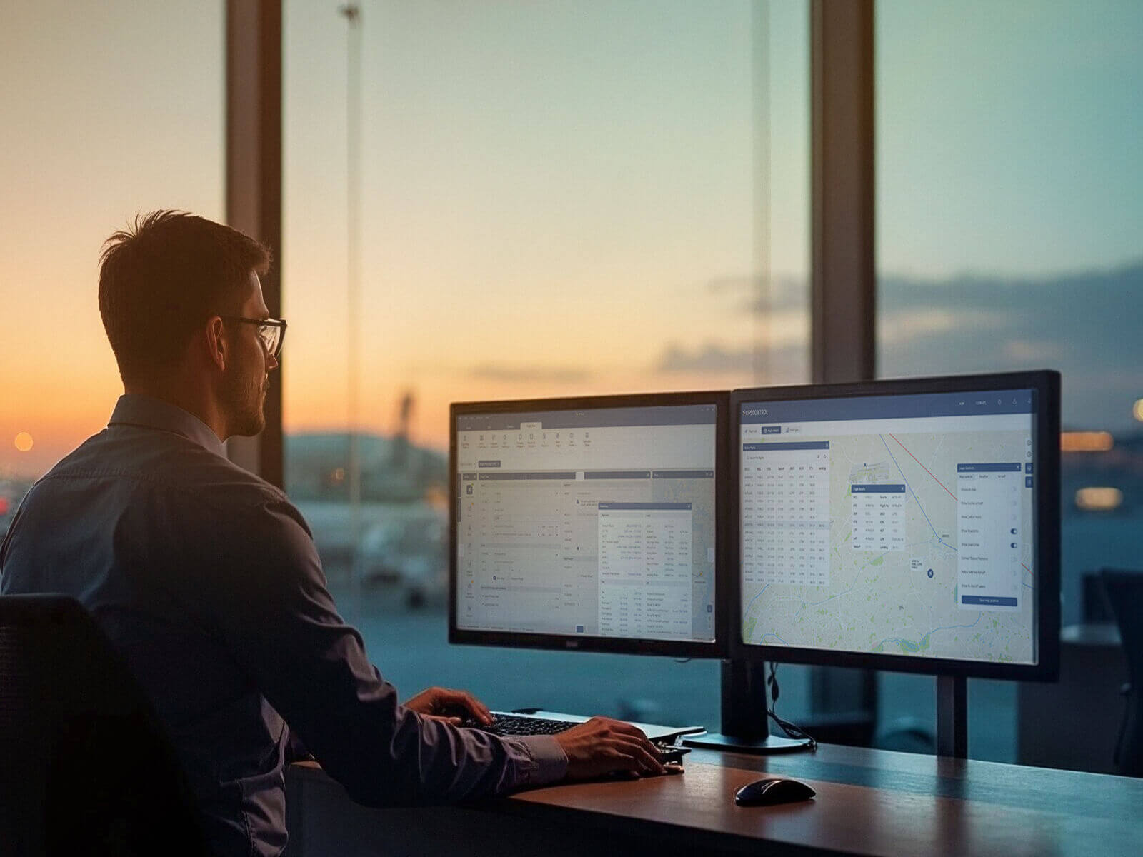 A flight operations professional working at dual monitors displaying planning data and maps at an airport, supporting FSPs and trip support companies.