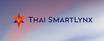 Thai SmartLynx logo and wordmark displayed on a soft gradient sky background, featuring the airline’s star symbol in orange and red tones.