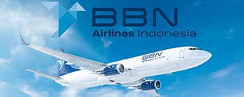 Banner featuring a BBN Airlines Indonesia aircraft in flight against a blue sky, displaying the airline logo and branding on the fuselage and tail.