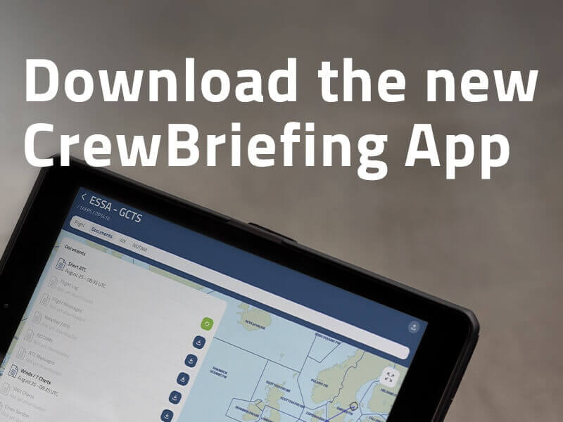 Banner with text: Download the new CrewBriefing App. Tablet shows map route from Stockholm (ESSA) to Tenerife (GCTS).