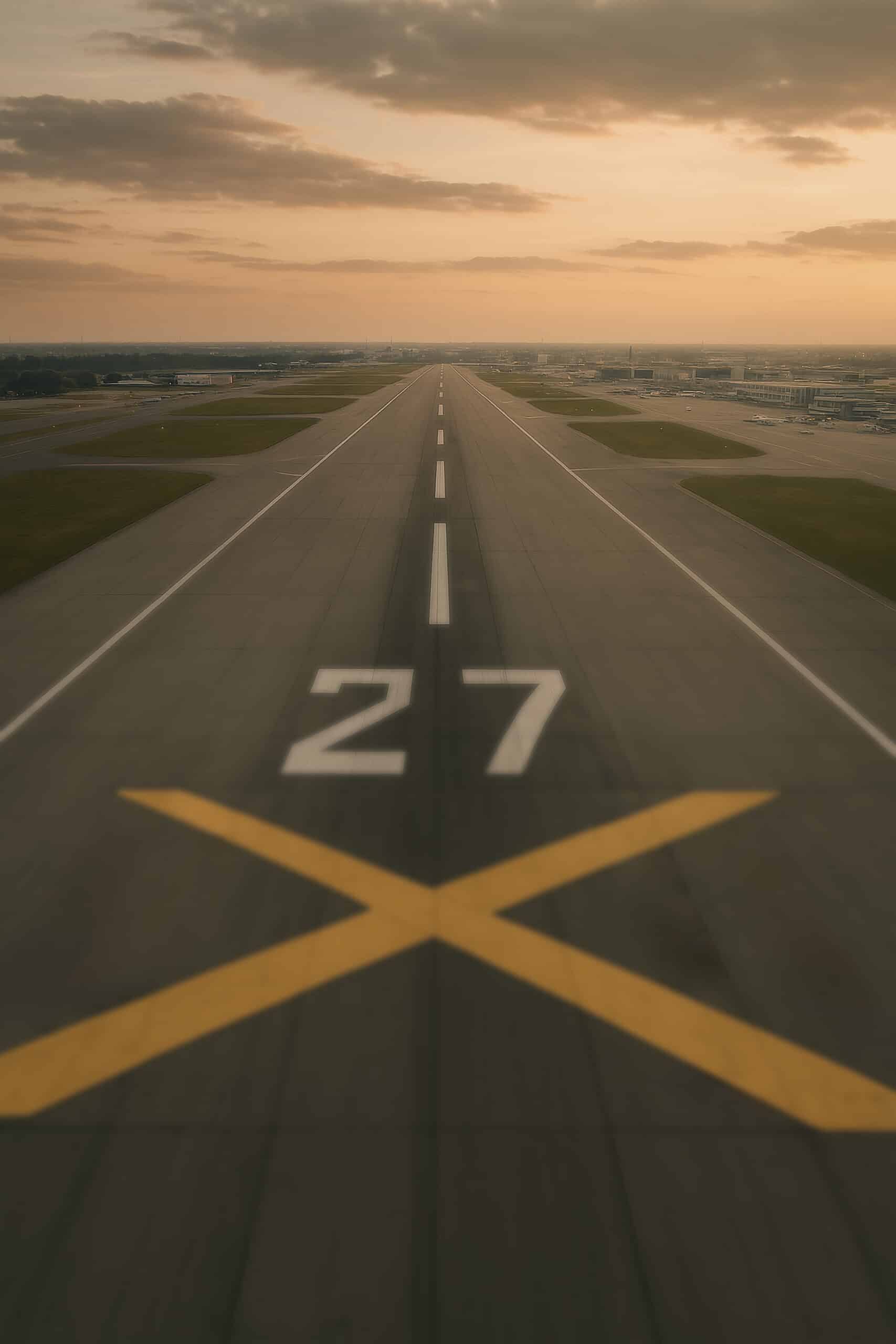 Runway 27 at sunset with a yellow X marking closure, symbolizing flight planning challenges and operational awareness.