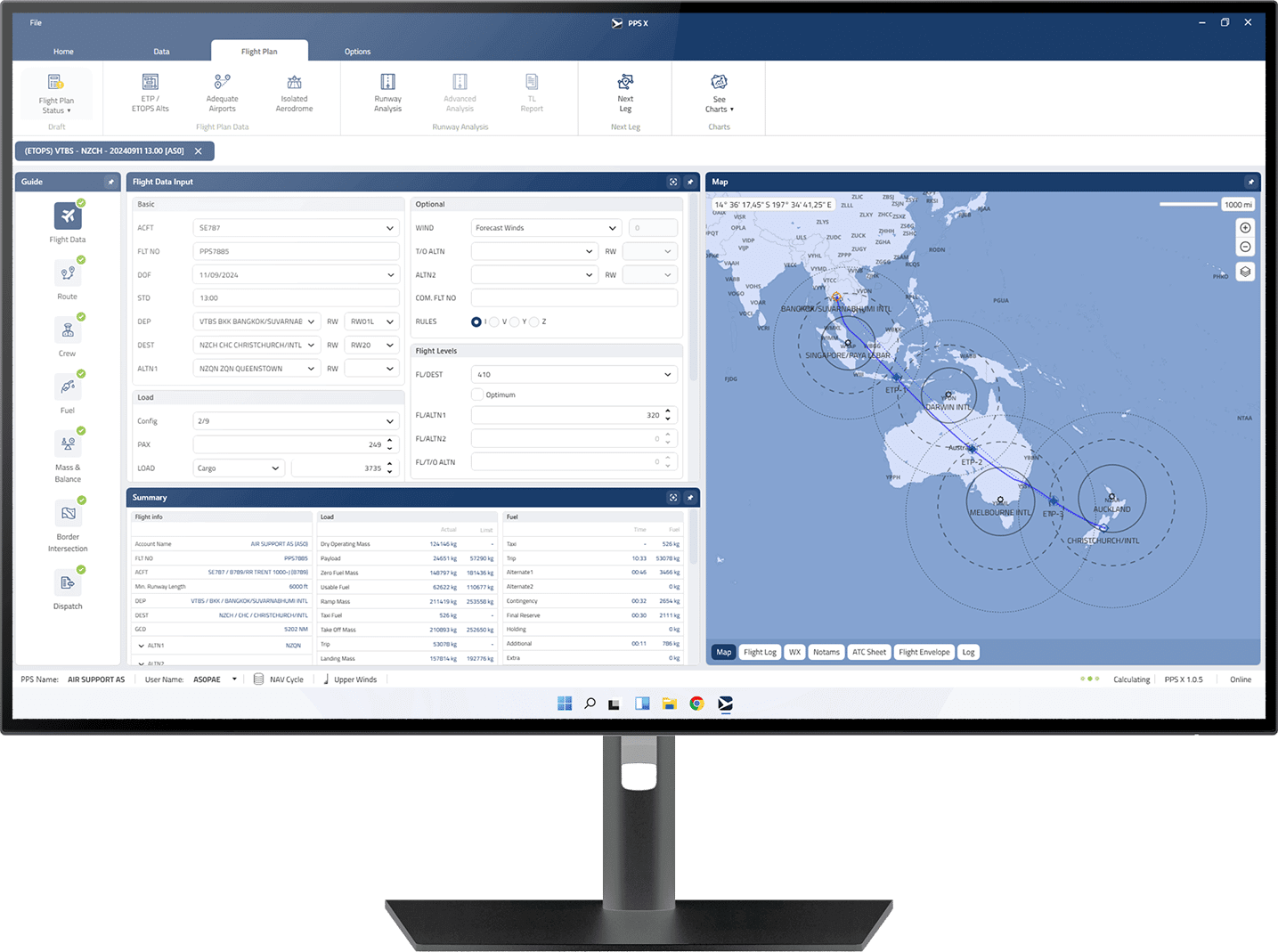 PPS Flight Plaqnning interface displaying a map and flight data input