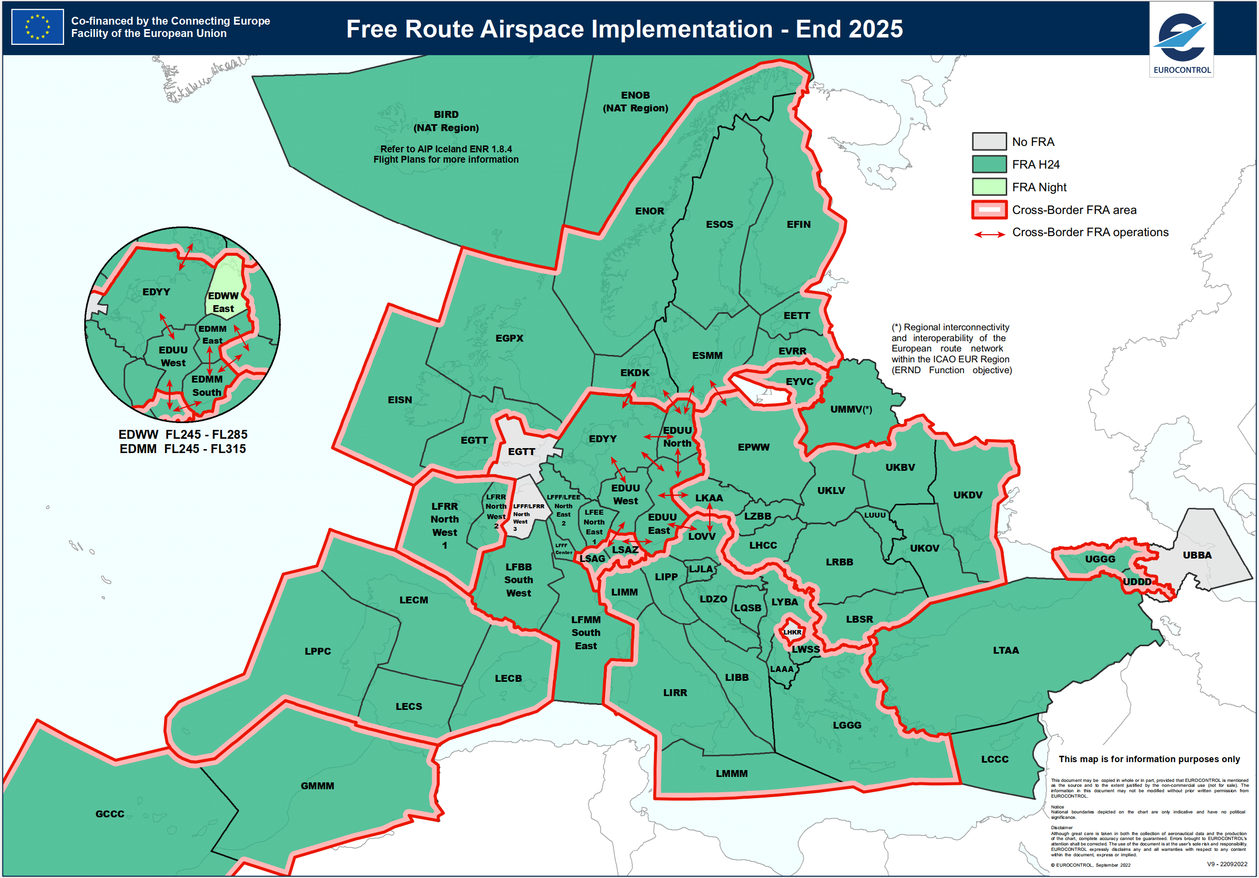 Map showing European Free Route Airspace implementation status by end of 2025, including H24, night, and cross-border zones.