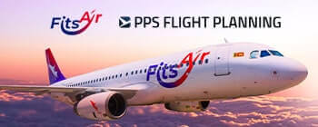 Promotional graphic of FitsAir aircraft in flight with PPS Flight Planning branding against sunset sky background.