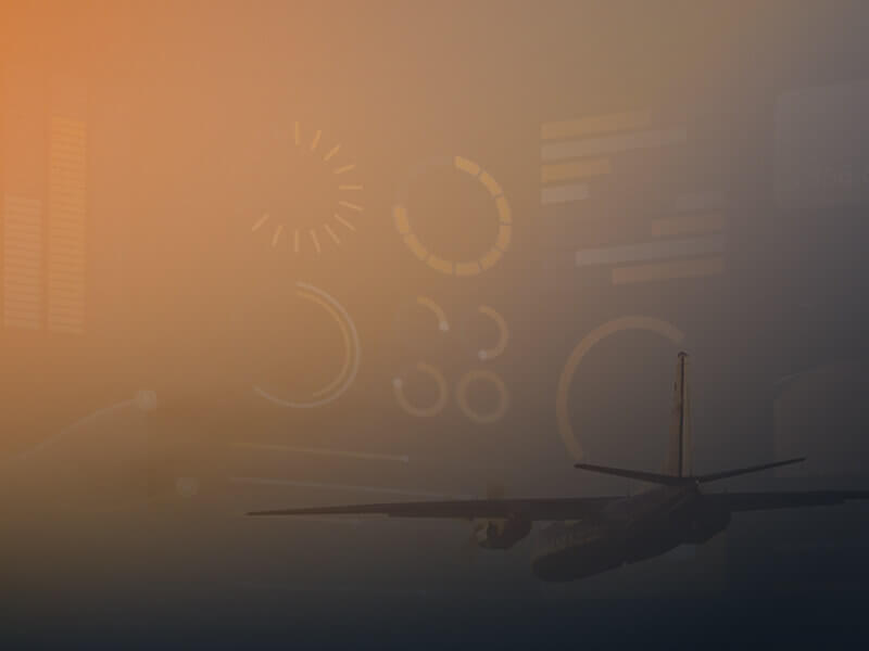 Fuel optimization visual with aircraft and abstract graphs, highlighting its broader benefits beyond cost-efficiency.