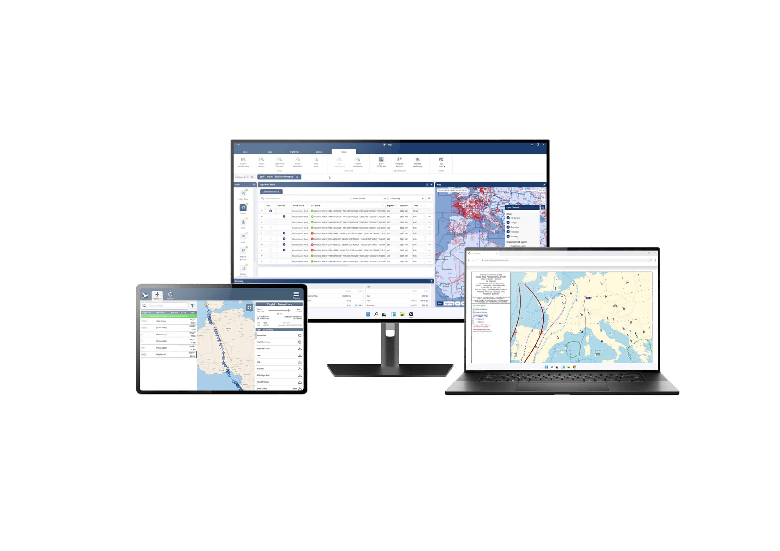 Three screens showing flight tracking and planning software, symbolizing flexibility and real-time monitoring in aviation.