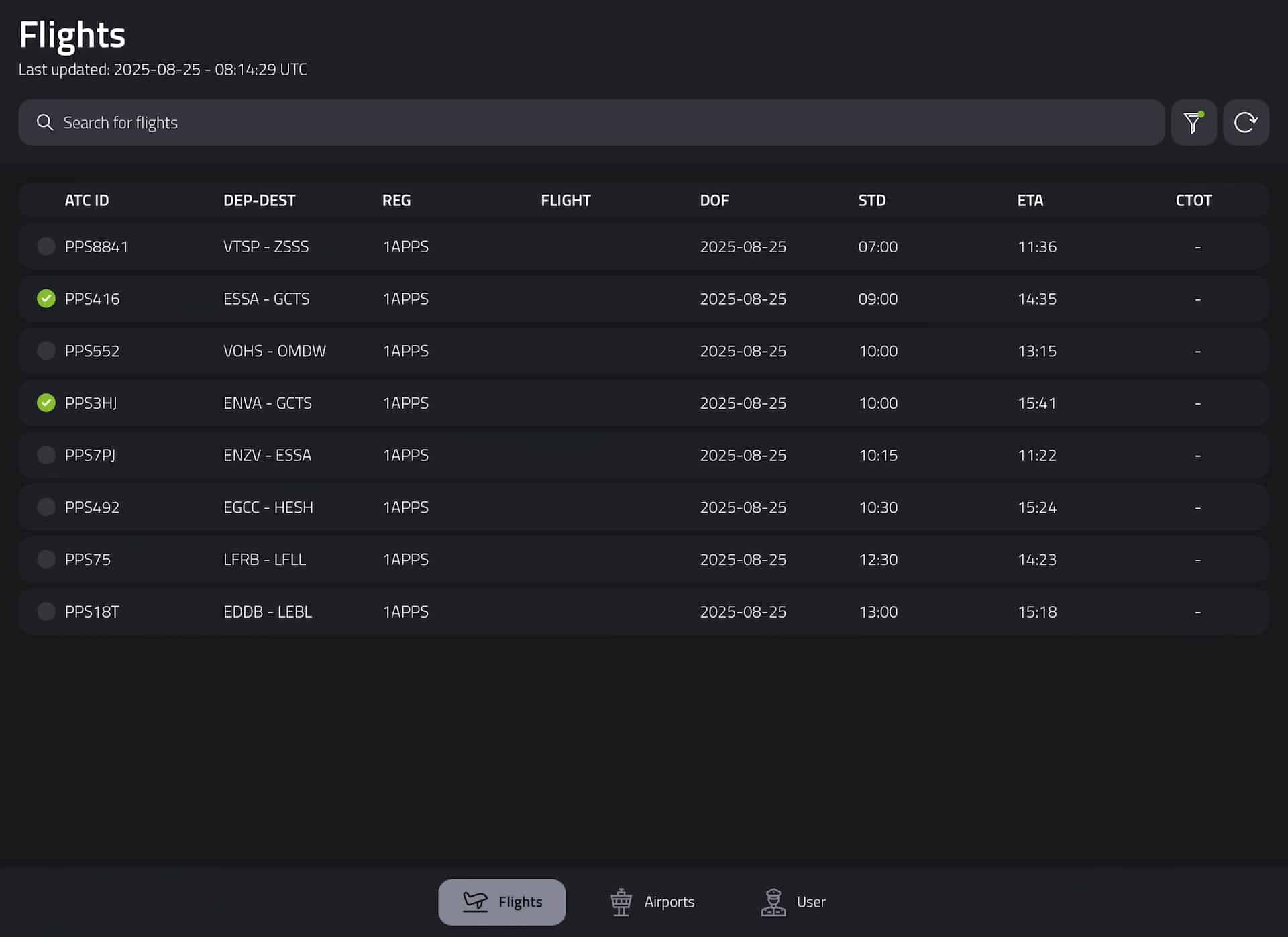 Dark mode user interface showing active flights list with departure, destination, time, and aircraft registration details.