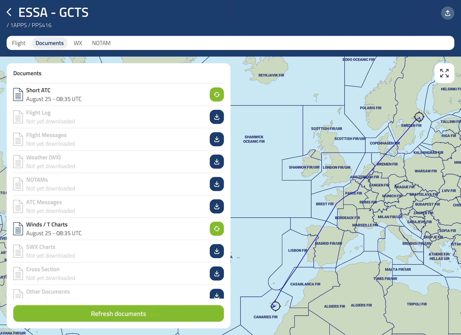 Route map with flight ESSA to GCTS. Left panel shows downloadable documents like ATC, NOTAMs, and weather updates.