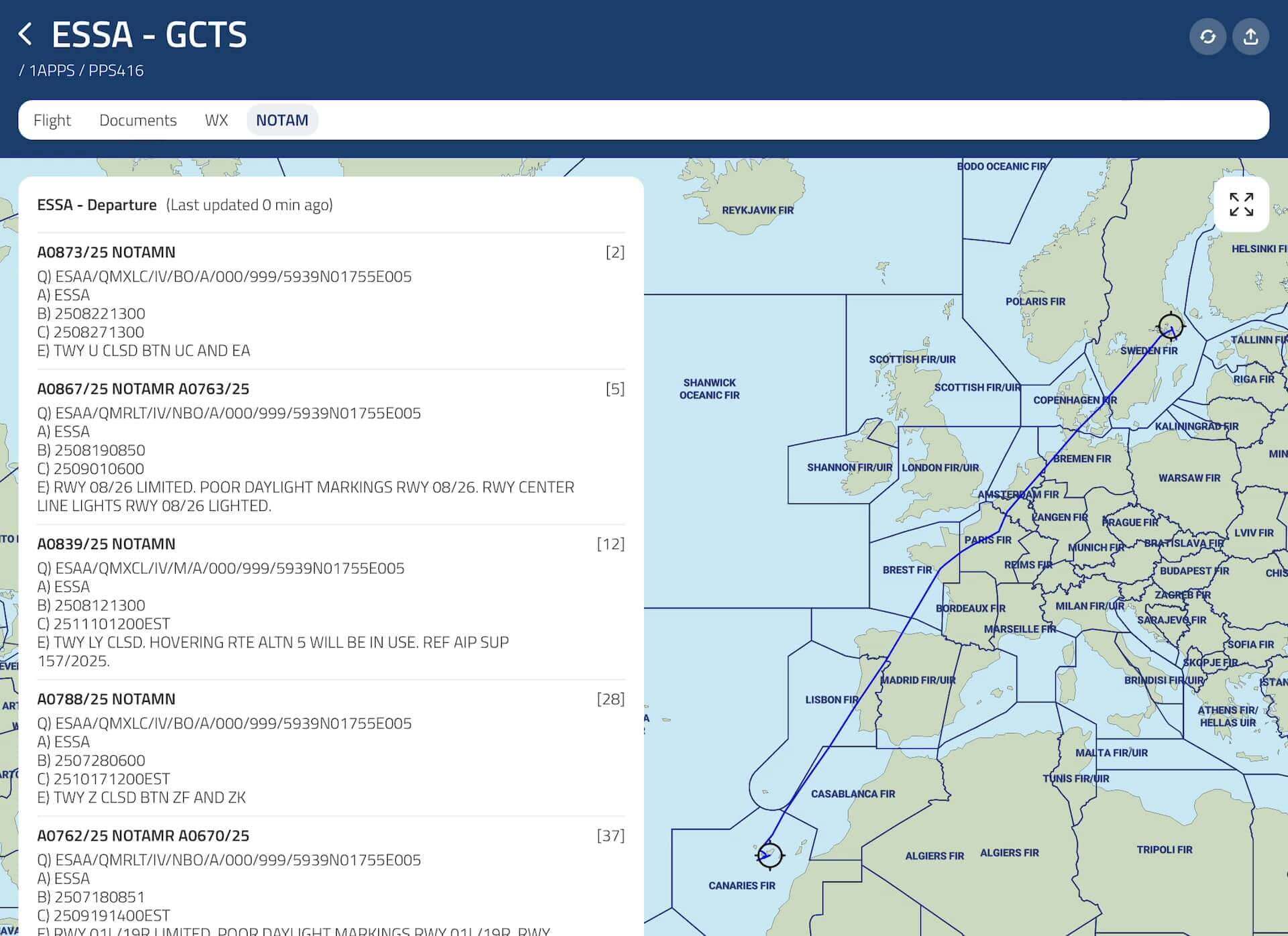 NOTAM list for ESSA-GCTS flight, displayed next to an interactive map of European FIR regions and airspace boundaries.