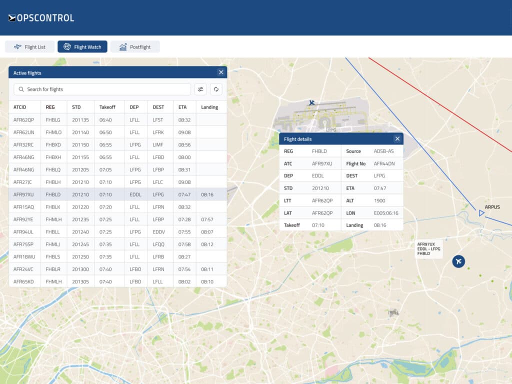 OpsControl Flight Watch dashboard showing active flights list, detailed flight data popup, and live aircraft position on map near Paris.