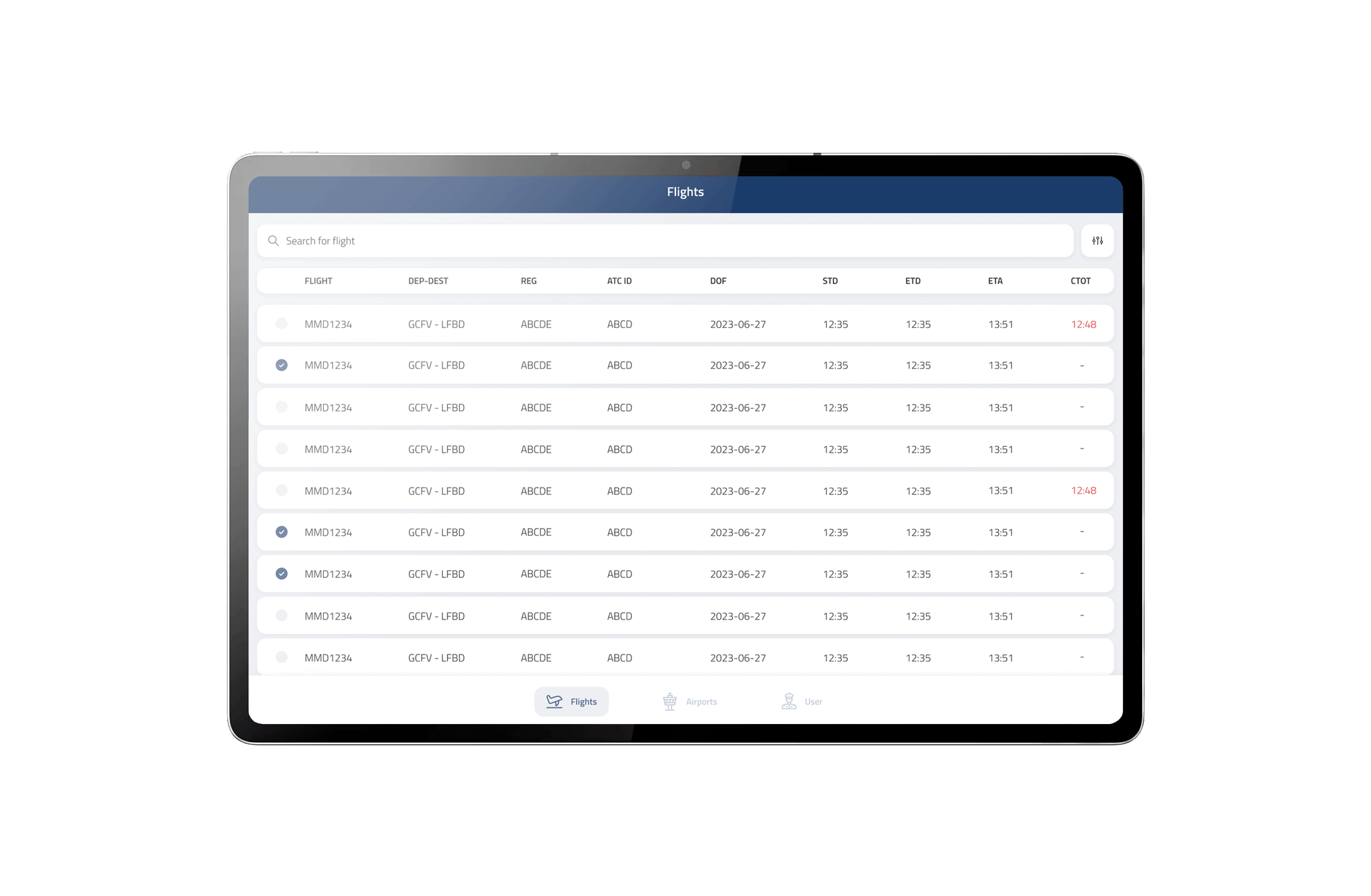 Tablet interface showing flight overview with key operational details for multiple flights, supporting efficient dispatch.