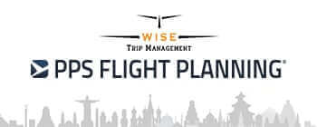 Banner showing WISE Trip Management and PPS Flight Planning branding, with aircraft icon and global city skyline, representing integrated flight planning solutions.
