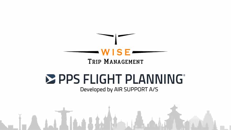 Banner displaying WISE Trip Management and PPS Flight Planning logos, developed by AIR SUPPORT A/S, set above a stylised global city skyline.