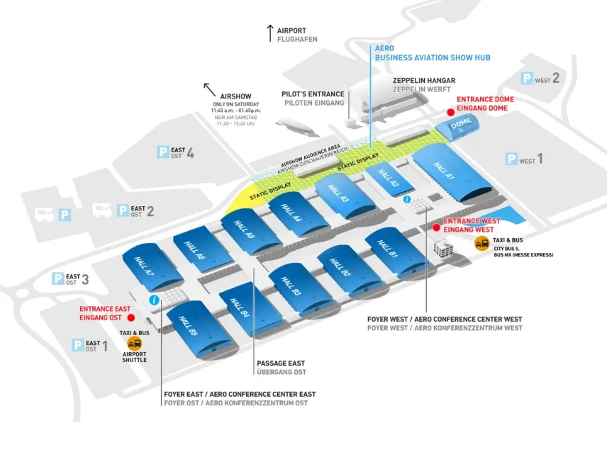 Map of AERO Expo grounds showing exhibition halls, entrances east and west, parking areas, airshow zone, and transport access points.