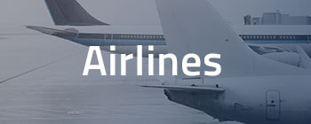 Banner with text “Airlines” over blurred airport apron background featuring parked aircraft tails.