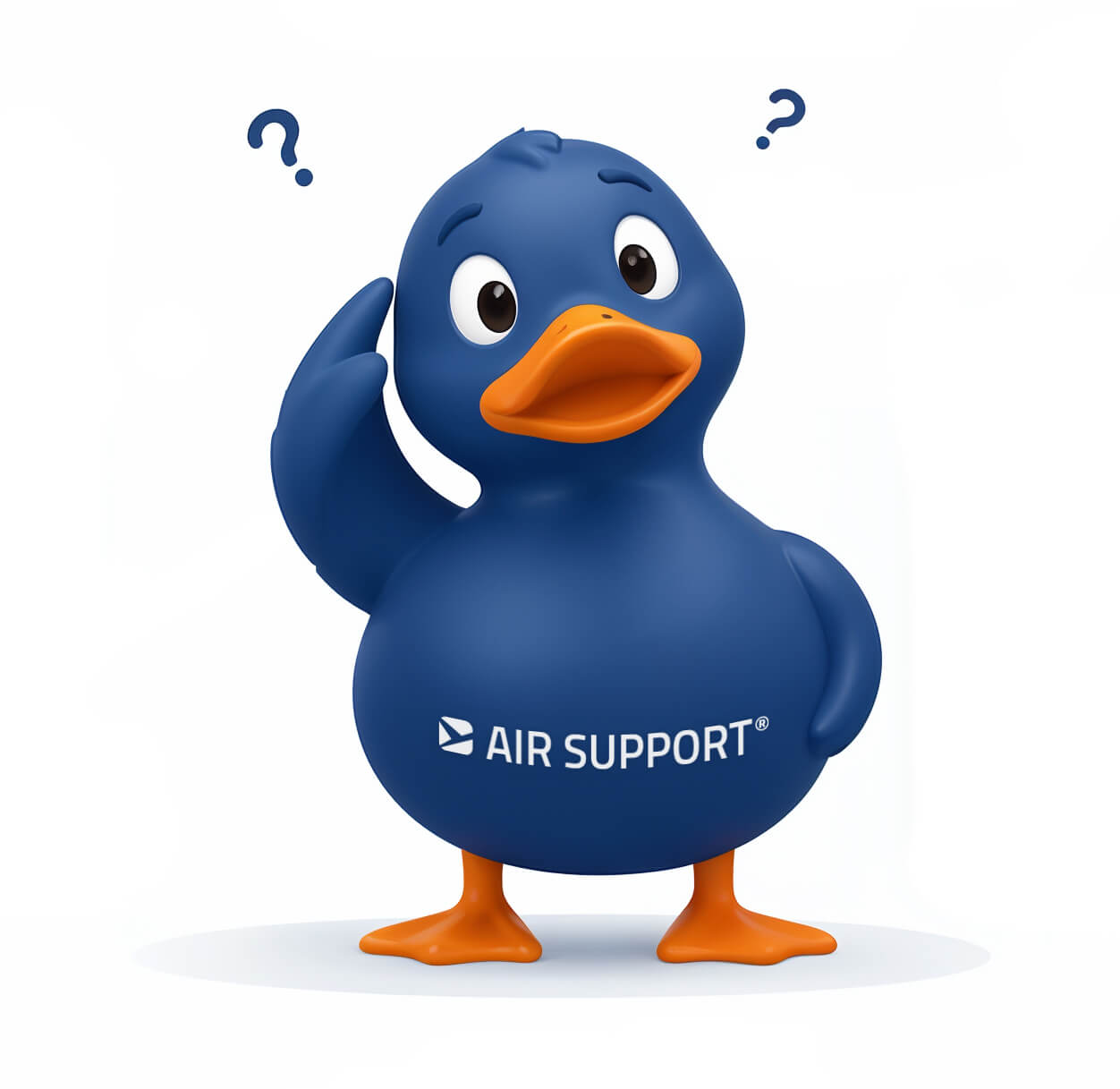Blue AIR SUPPORT duck mascot looking puzzled with question marks, representing a 404 web page not found error.