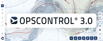 OpsControl 3.0 update banner over aviation weather map with fronts, contours, and interface icons highlighting new system release.